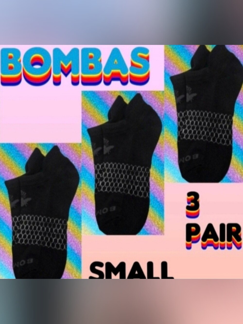 Bombas Ankle Socks Small 3 Pair Unisex Womens & Mens Honeycomb Black/Grey BNWT
